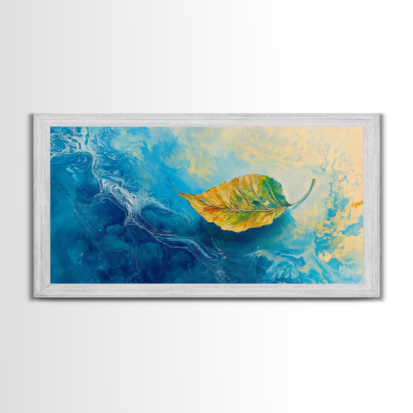 Leaf in Water, blue and green wall art, coastal decor, wabi sabi art, extra wide art, panoramic painting, Canvas Print, gift idea