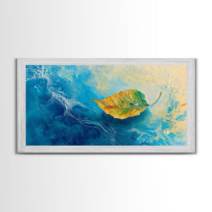 Leaf in Water, blue and green wall art, coastal decor, wabi sabi art, extra wide art, panoramic painting, Canvas Print, gift idea