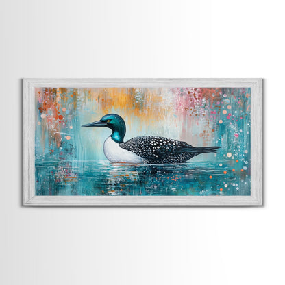 Loon Swimming Art, bird art, teal wall art, nature painting, lake decor, moody art, framed canvas print, rustic wall art