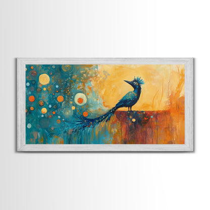 Whimsical Bird Art, Peacock Wall Art, Surreal Painting, Colorful Wall Art, Boho Art, Fantasy Art, Extra Wide Art, Framed Canvas Print