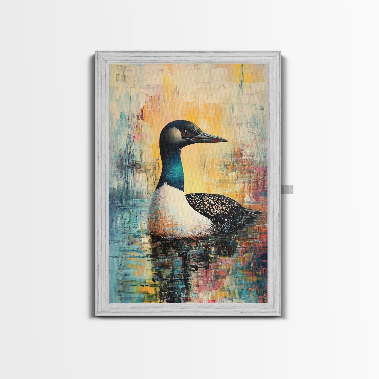 Loon Painting, bird art, blue and green wall art, moody art, gift idea for him, rustic decor, Framed Canvas Print, above couch art