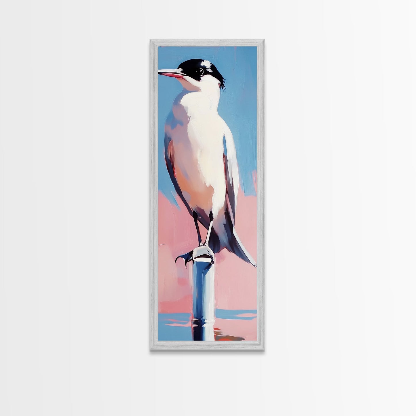 Seabird, Coastal Nature Art, Serene Beach Scene, Pastel Blue Pink, Minimalist Bird Painting, Nautical Wall Decor, Framed Canvas Print