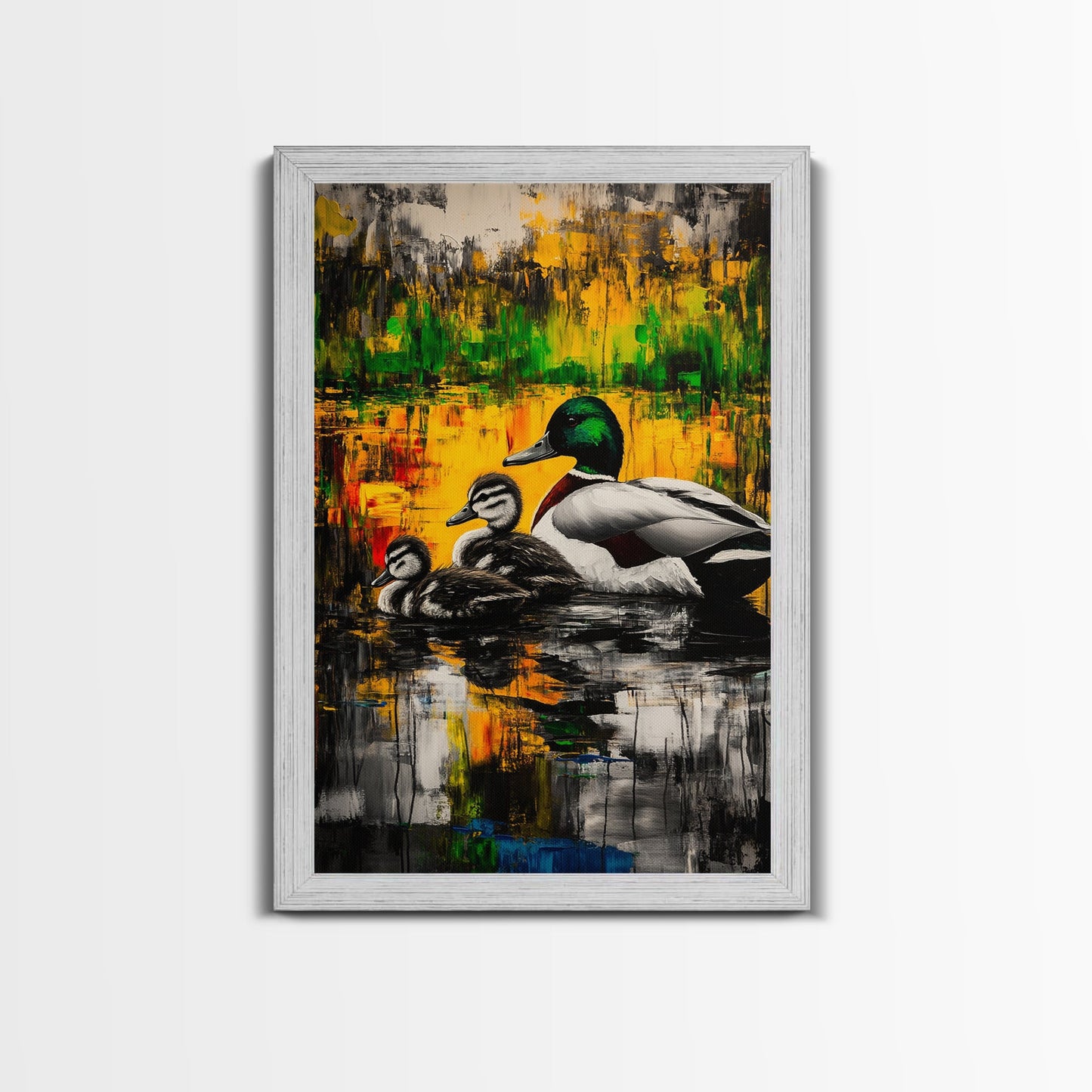 Ducks Pond Nature, Framed Canvas Print, Wildlife Art, Vibrant Watercolor Style, Rustic Wall Decor, Country Home Art, Gift Idea