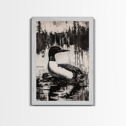 Loon, Lake Reflection, Nature Wall Art, Framed Canvas Print, Black and White Art, Minimalist Decor, Cabin Wall Art, Rustic Home