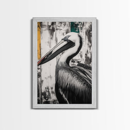 Pelican Portrait, wildlife wall art, coastal nature painting, black and white bird decor, modern beach house print, framed canvas print