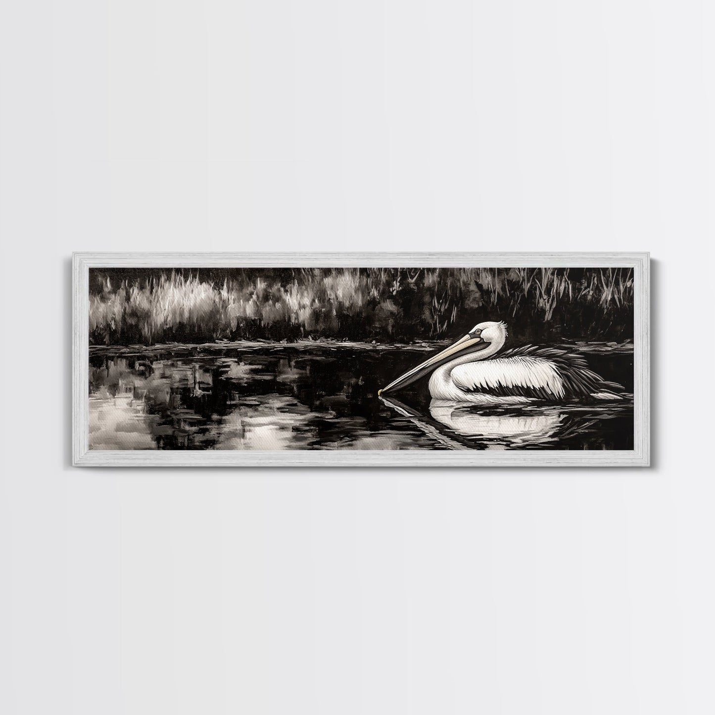 Pelican Reflection, Black White, Wildlife Art, Canvas Print, Nature Wall Art, Coastal Home Decor, Bird Lovers Gift, Monochrome Photography