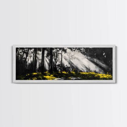 Sunbeam Forest Art, Black and White Painting, Abstract Landscape, Rustic Home Decor, Mystical Woods Artwork, Living Room Wall Art, Canvas Print