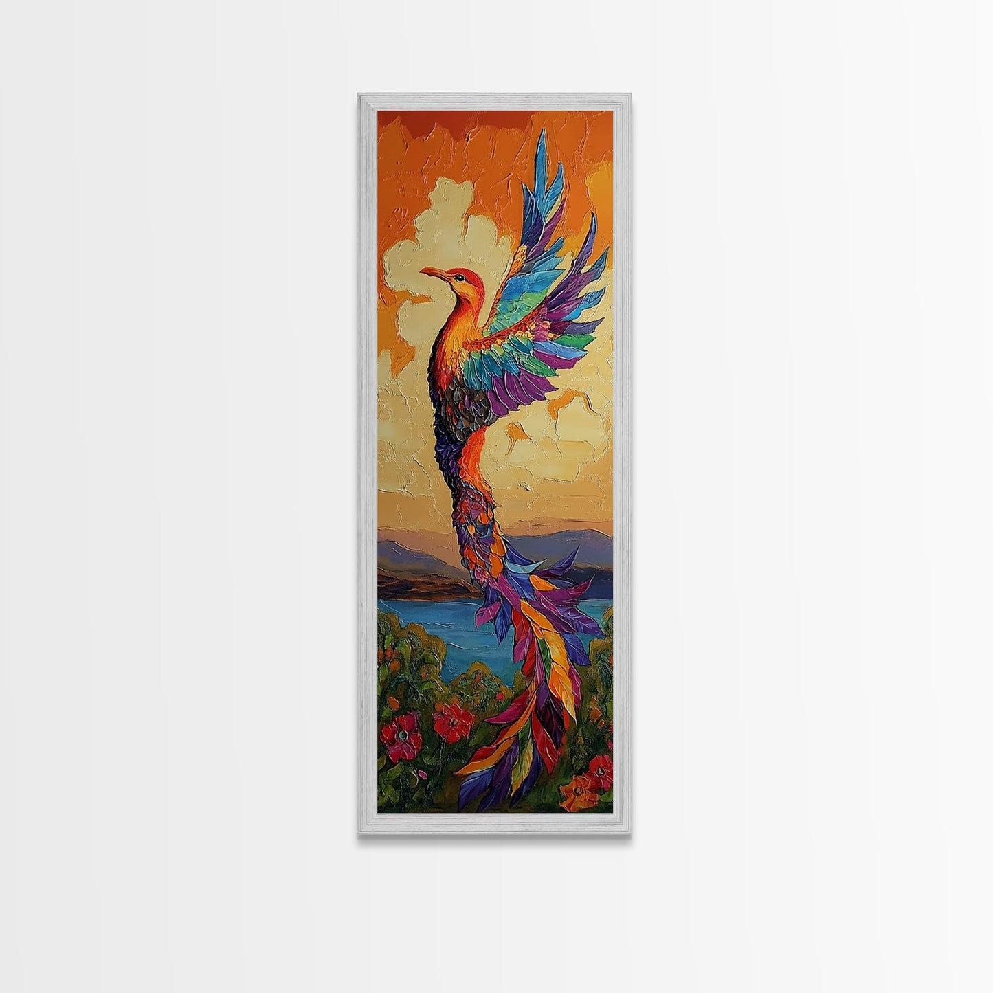 Phoenix Firebird, Sunset, Framed Canvas Print, Vibrant Mythical Wall Art, Boho Spirit Animal Decor, Bold Bedroom Statement Piece