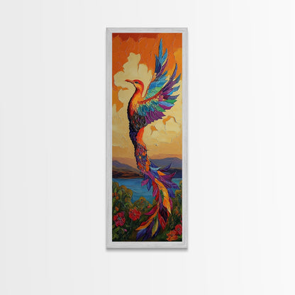 Phoenix Firebird, Sunset, Framed Canvas Print, Vibrant Mythical Wall Art, Boho Spirit Animal Decor, Bold Bedroom Statement Piece