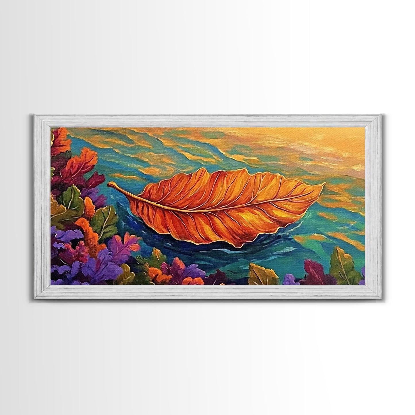 Leaf, Autumn, Floating, Nature, Framed Canvas Print, Fall themed leaf painting, cozy seasonal decor, rustic kitchen wall art