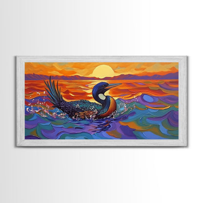 Sunset Loon, Splash, Painting, Framed Canvas Print lakehouse wall art, coastal bathroom decor, vibrant nature print, ocean artwork