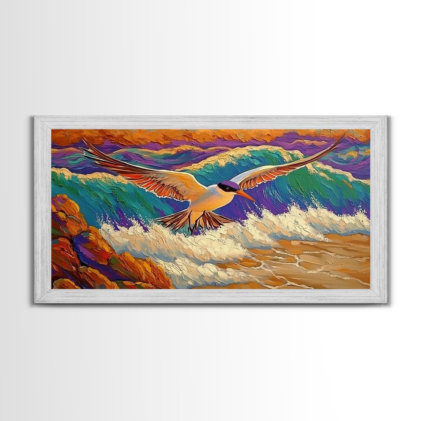 Seagull, Beach, Ocean Waves, Vibrant Sky, Framed Canvas Print, Coastal Wildlife Art, Living Room Wall Decor, Bird Painting, Boho Nature