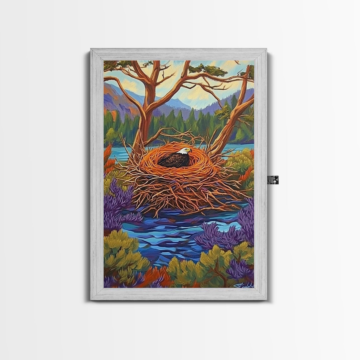 Eagle Nest, Forest, Lake, Canvas Print, rustic wildlife art, bald eagle decor, nature lodge wall art, cozy cabin Living Room theme