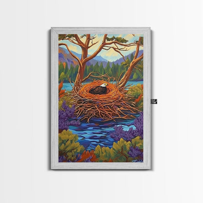 Eagle Nest, Forest, Lake, Canvas Print, rustic wildlife art, bald eagle decor, nature lodge wall art, cozy cabin Living Room theme