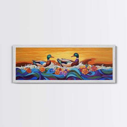 Ducks On Waves, Colorful Animal Art, Whimsical Sunset, Floral Ocean Scene, Canvas Print, Fun Kitchen Art, Kids Room Wall Art