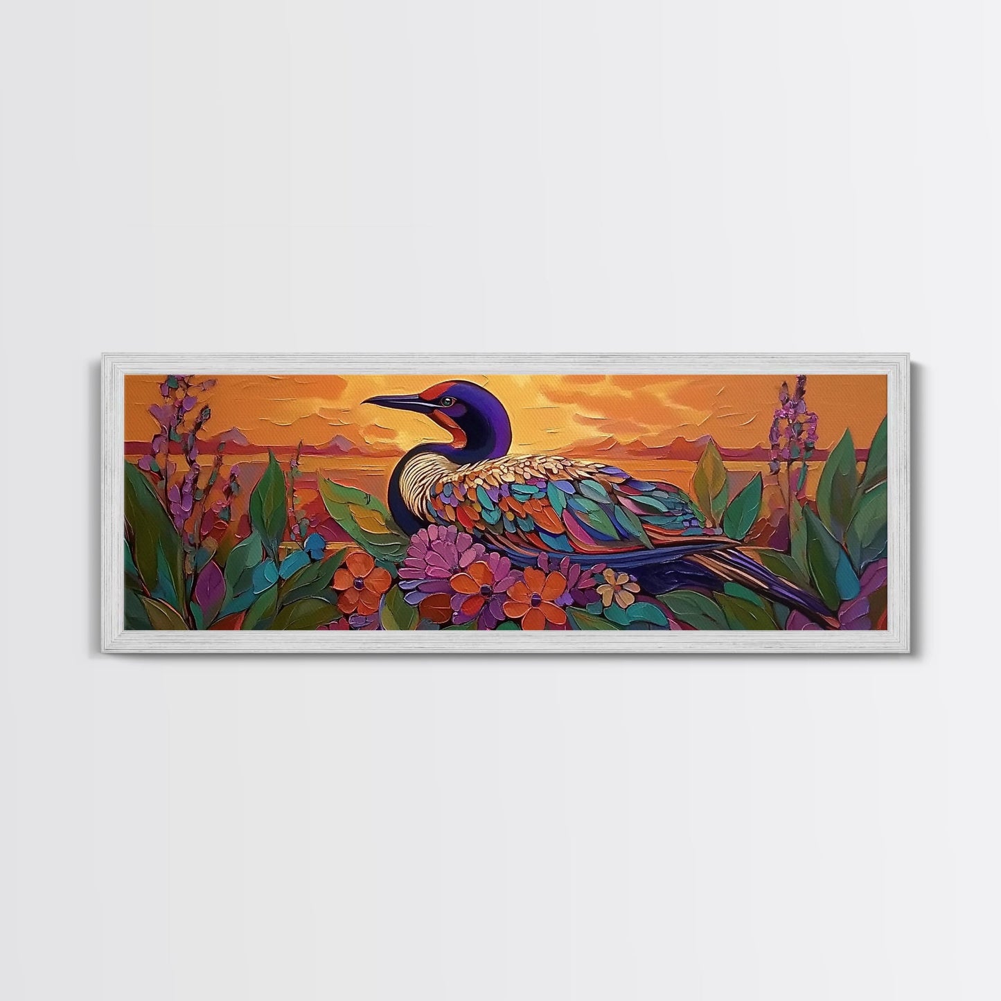 Sunset Bird, Floral Loon, Vibrant Nature, Colorful Wildlife, Canvas Print, cabin wall art, rustic boho art, birdwatcher gift