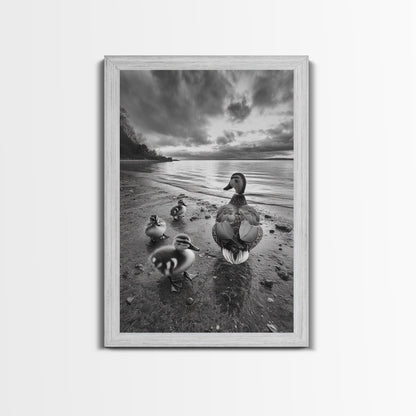 Duck Family, Lakeside Peace, Nature Walk, Canvas Print, Wholesome Wall Art, Nursery Animal Decor, Cozy Autumn Photography Style