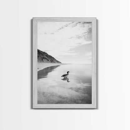 Lone Loon, Quiet Reflection, Coastal Bird, Framed Canvas Print, Nature Wall Art, Bathroom Decor, Serene Black and White Art