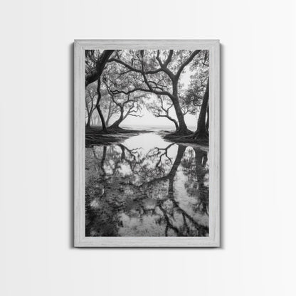 Misty Forest Trees, Reflection Photography, Nature Landscape, Canvas Print, Neutral Tones, Bedroom Wall Decor, Moody Autumn Forest Art