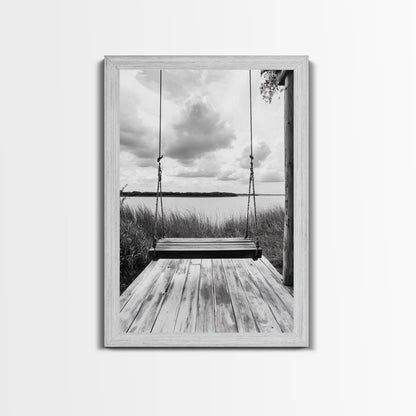 Lake Swing, Cloudy Sky, Calm View, Framed Canvas Print, Farmhouse Wall Art, Serene Kitchen Decor, Rustic Black and White Photography