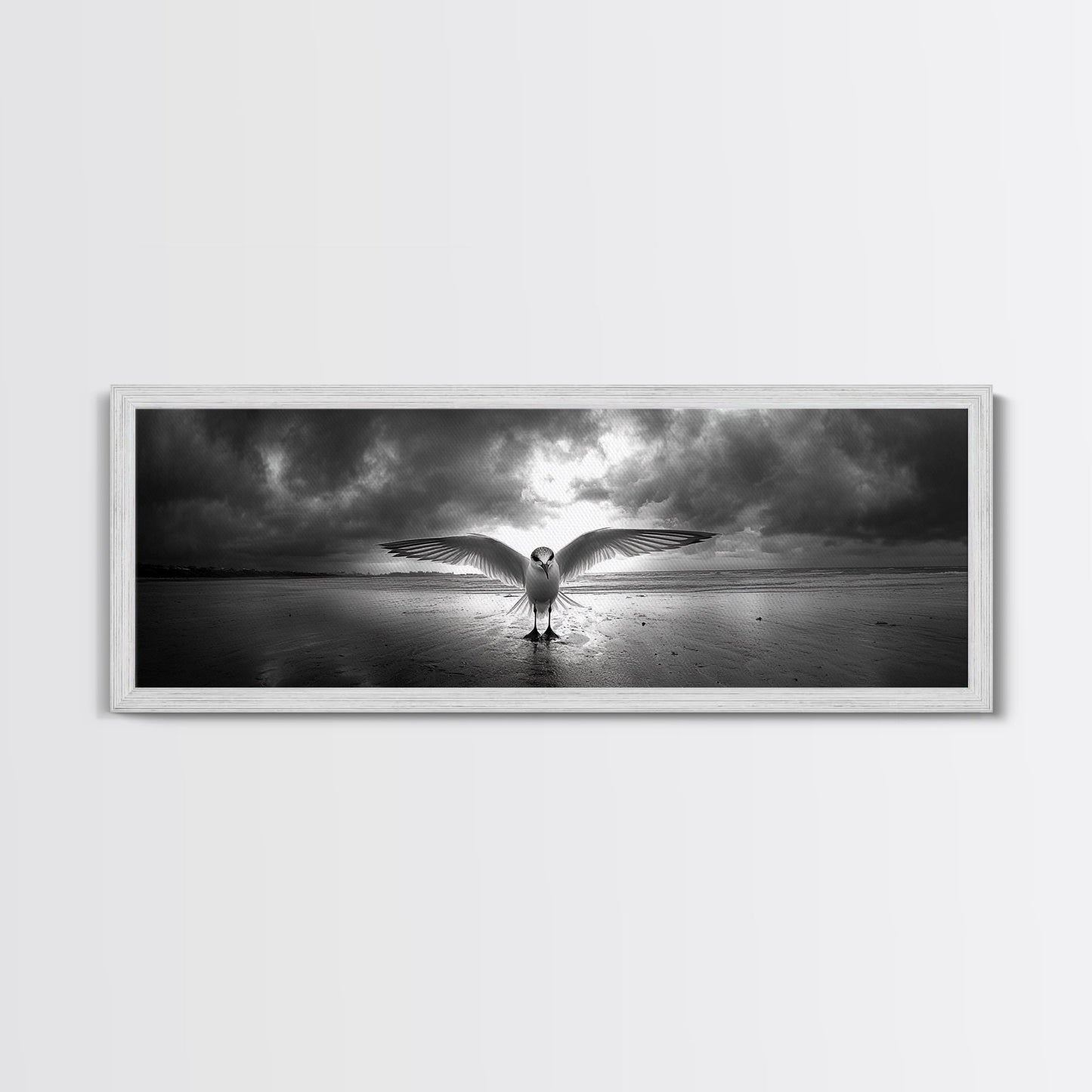 Winged Bird Beach, Coastal Sunrise, Dramatic Flight, Canvas Print, Beach House Decor, Living Room Wall Art, Nature Photography