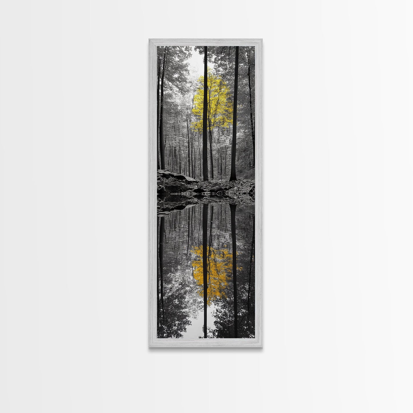 Yellow Tree, Autumn Woods, Forest Reflection, Nature Glow, Framed Canvas Print, Fall Wall Art, Rustic Decor, Cabin Art, Earthy Tones