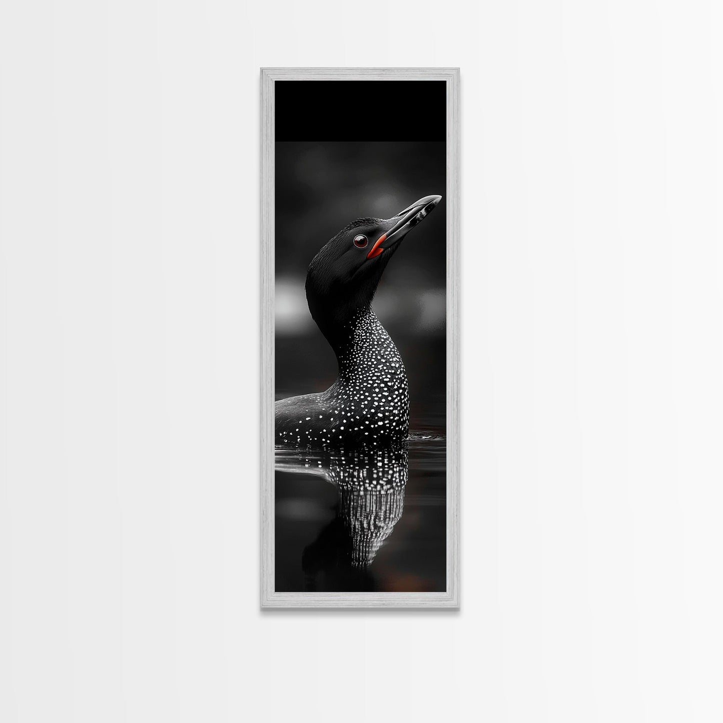 Loon Bird, Red Eye, Monochrome Wildlife, Nature Framed Canvas Print, modern living room wall art, black and white animal art