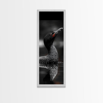 Loon Bird, Red Eye, Monochrome Wildlife, Nature Framed Canvas Print, modern living room wall art, black and white animal art