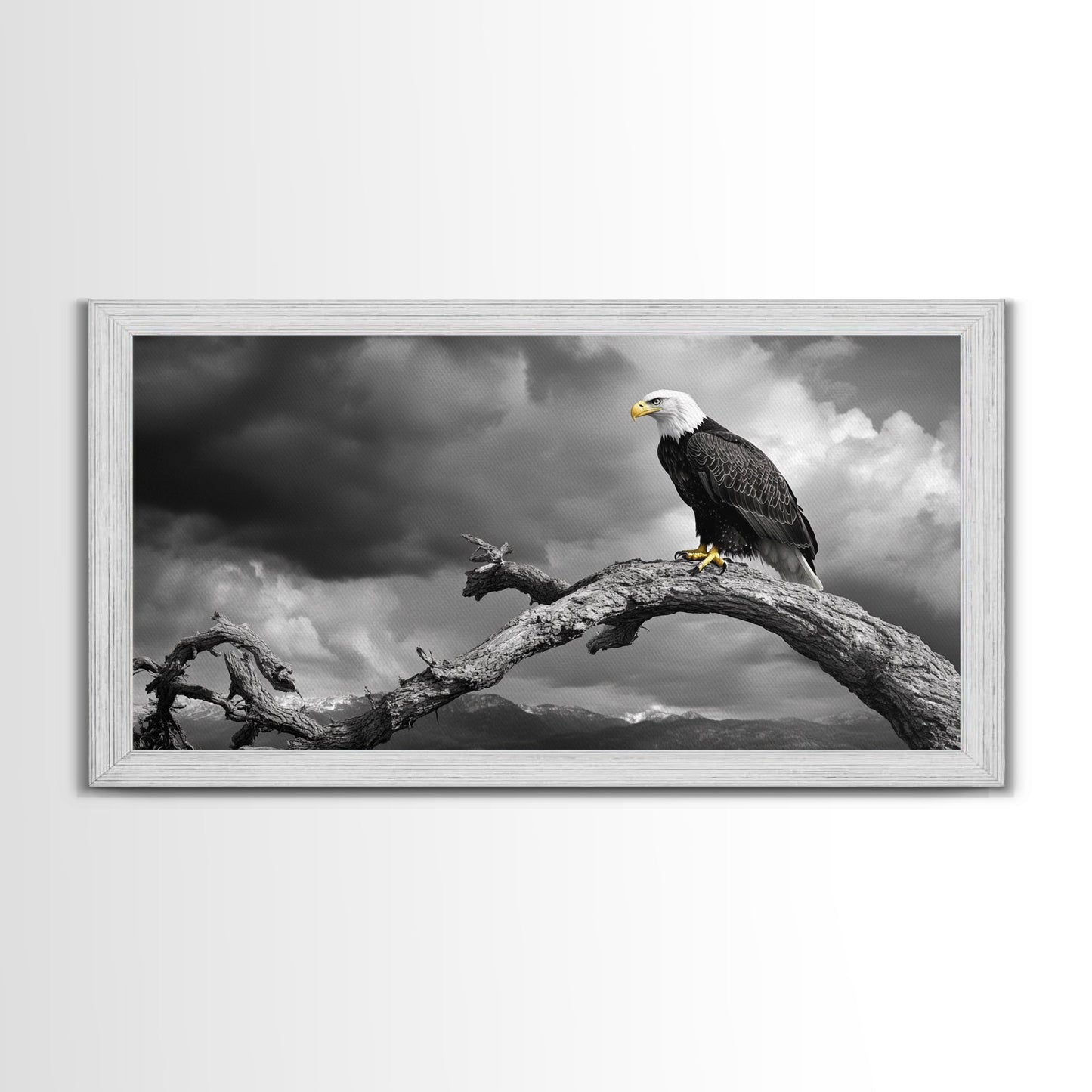 Eagle, Branch, Storm, Power and grace collide in this Framed Canvas Print of a majestic eagle perched before a storm, Living Room Wall Art
