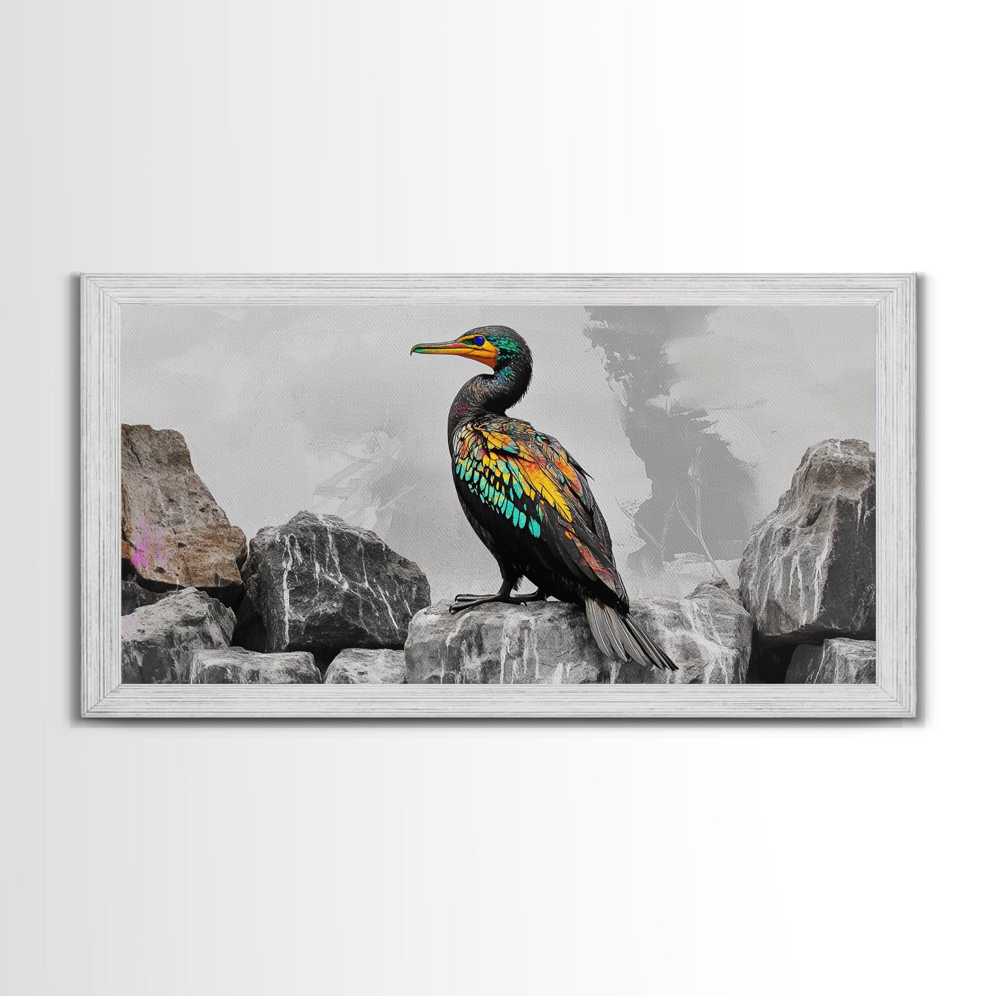 Vibrant Sea Bird, Colorful Wildlife Perch, Artistic Bird Feathers, Framed Canvas Print, Nature Wall Art, Office Decor, Boho Animal Style