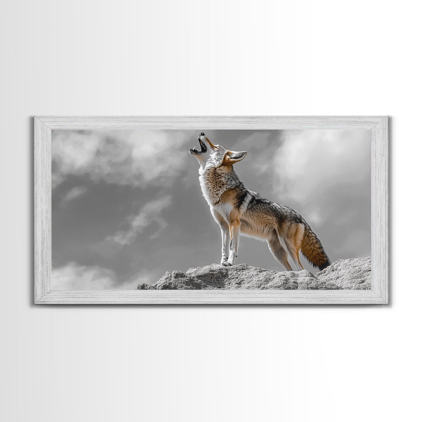 Howling Coyote Peak, Desert Wildlife Portrait, Majestic Animal Scene, Framed Canvas Print, Cabin Decor, Nature Wall Art, Minimalist Vibe