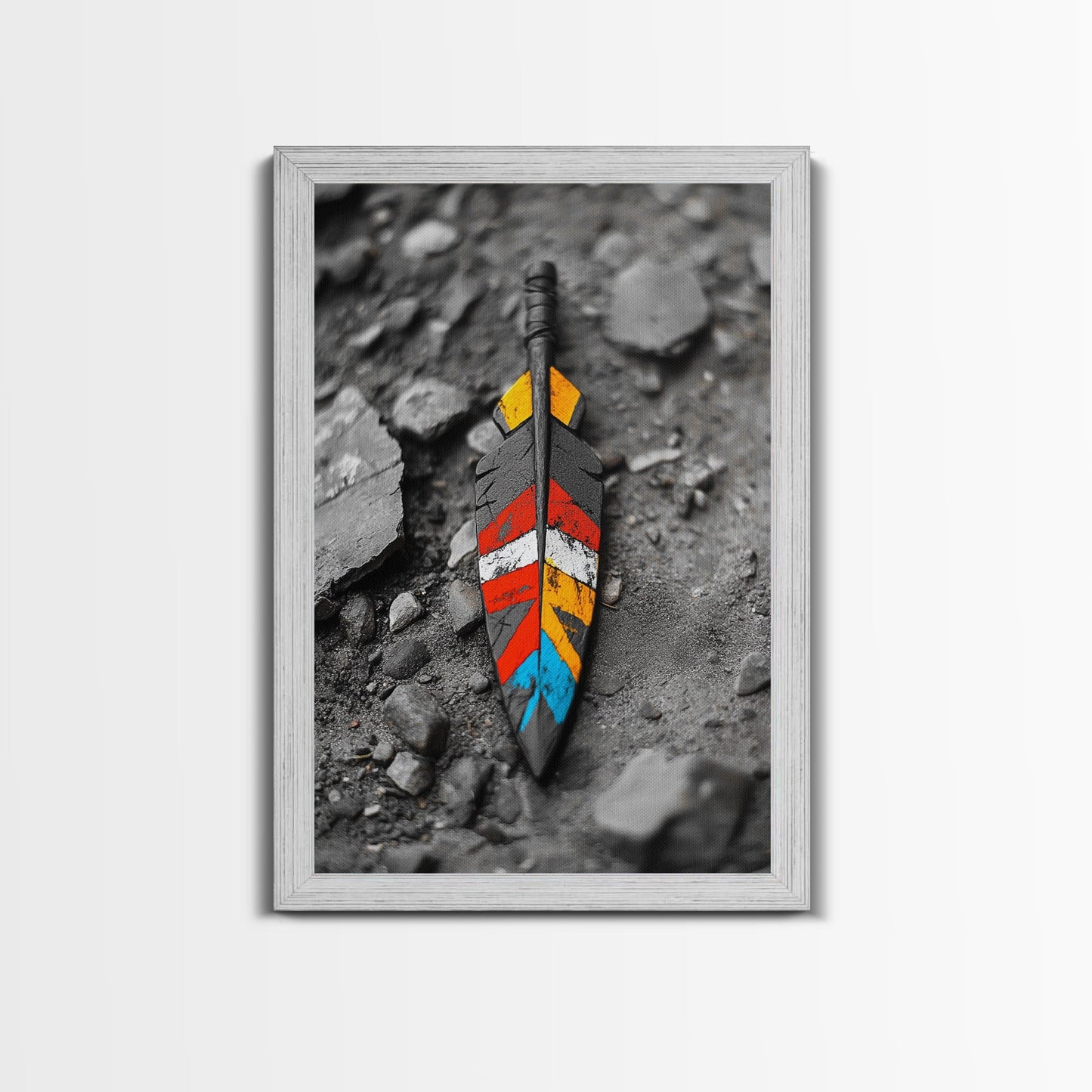 Tribal Feather, Painted Arrow, Rustic Stone Ground, Canvas Print, Boho Wall Art, Native Inspired Decor, Color Pop Rustic Style