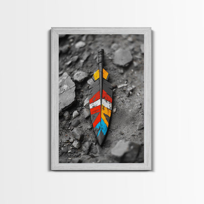 Tribal Feather, Painted Arrow, Rustic Stone Ground, Canvas Print, Boho Wall Art, Native Inspired Decor, Color Pop Rustic Style