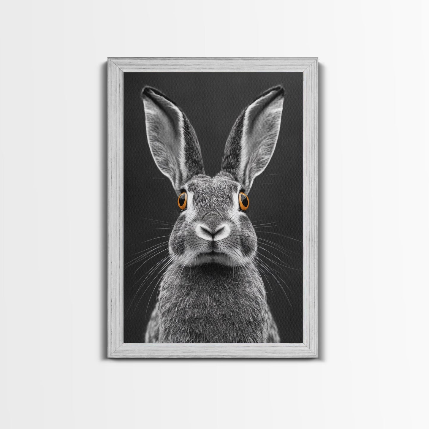 Wide Eyed Rabbit, Animal Portrait, Monochrome Humor, Framed Canvas Print, Nursery Wall Art, Whimsical Minimalist Decor, Funny Gift