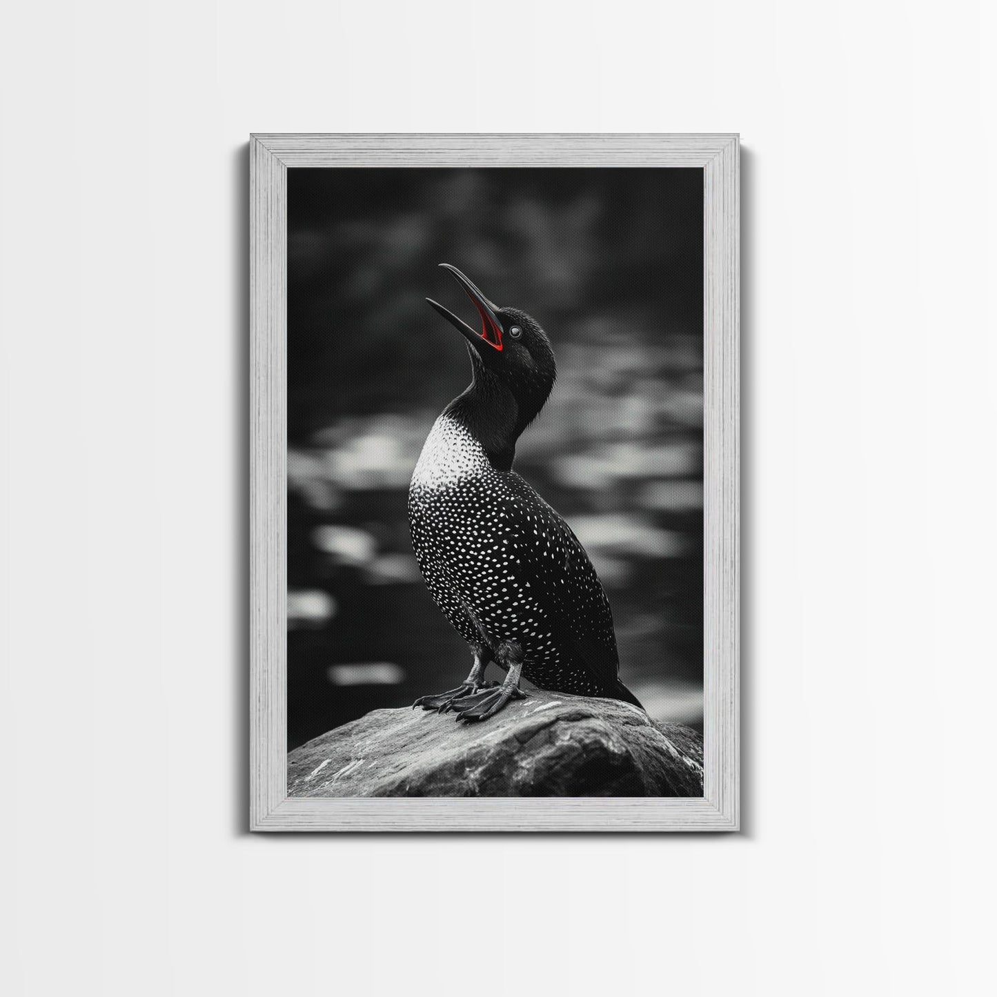 Loon Call, Singing Bird, Red Beak, Monochrome Framed Canvas Print, Wildlife Wall Decor, Bird Lover Wall Art, Rustic Cabin Accent