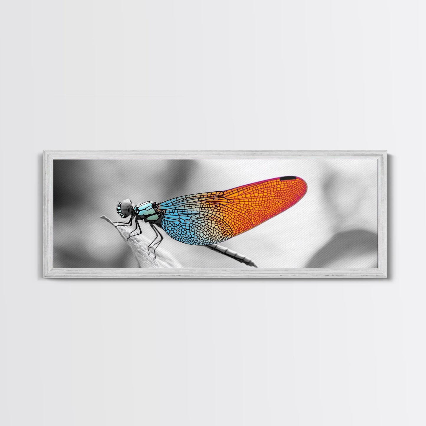 Closeup Dragonfly, Colorful Wings, Abstract Nature, Macro Art — Framed Canvas Print, Living Room Decor, Botanical Wall Art, Modern Minimal