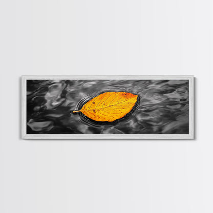 Floating Autumn Leaf, Orange Leaf on Water, Framed Canvas Print, Fall Bathroom Wall Art, Nature Closeup Photography, Minimalist Decor