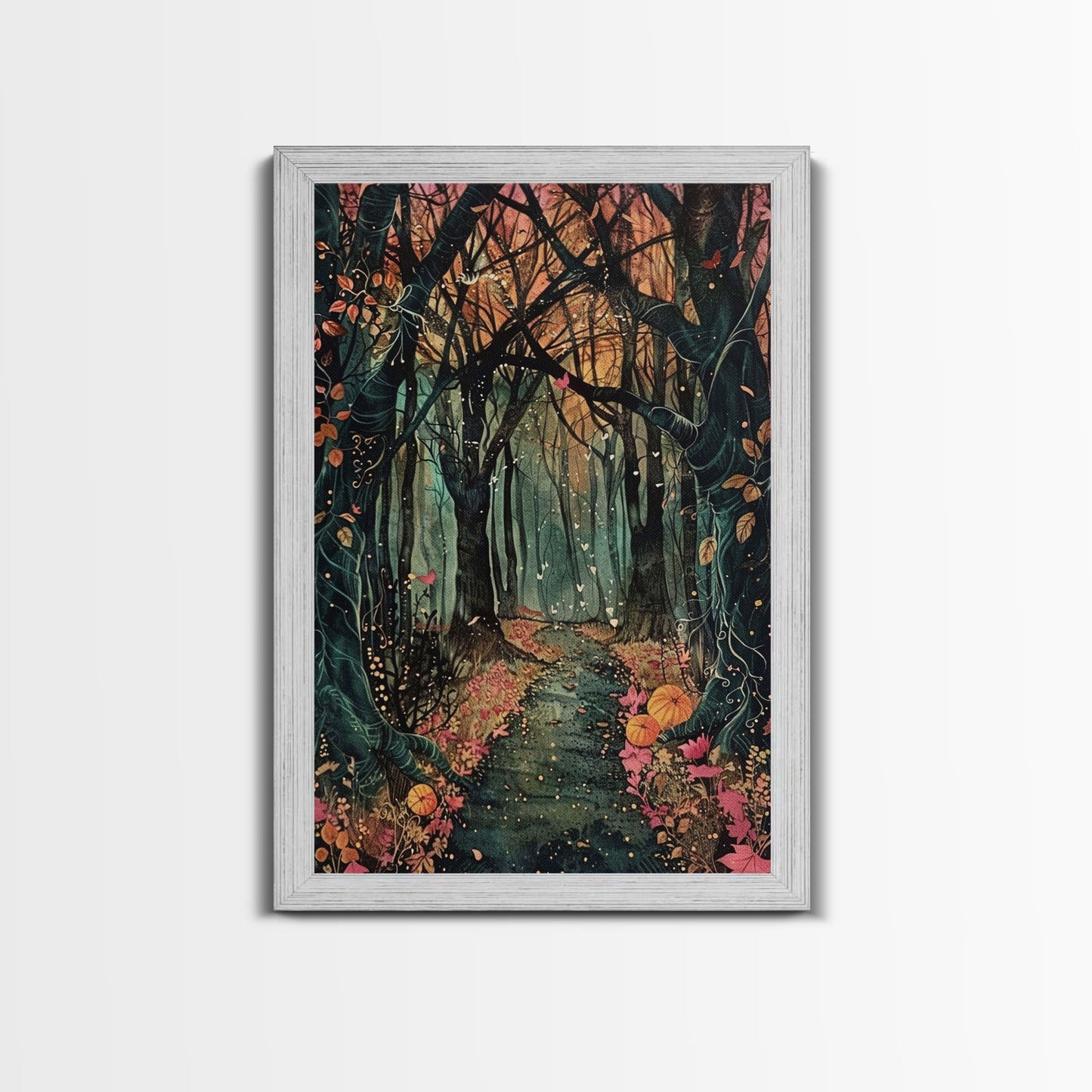 Haunted Pathway Through the Woods Framed Canvas Print, Spooky Forest Art, Halloween Night Scene, Mysterious Path Decor, Framed Canvas Print