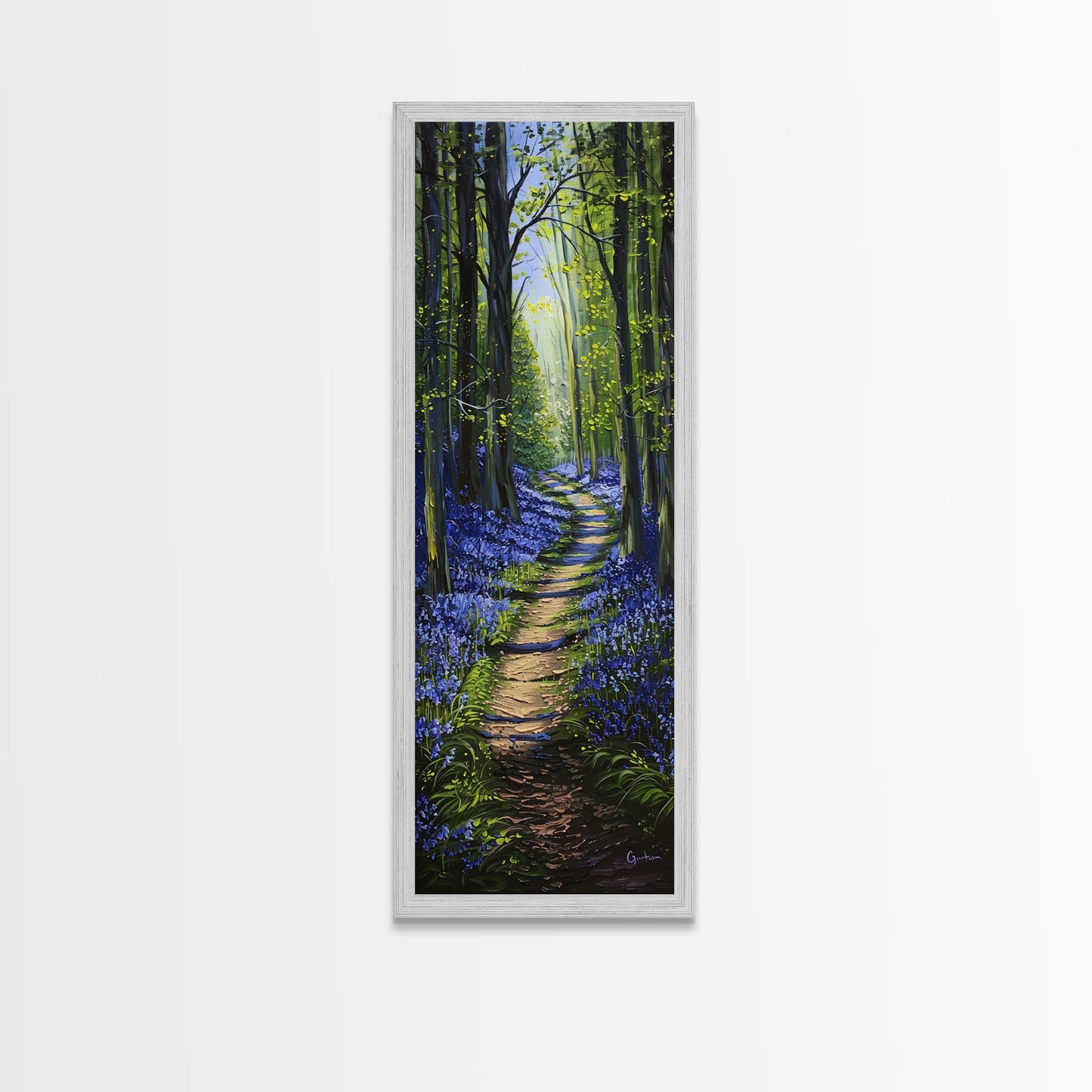Pathway Through Enchanting Bluebell Woods in Tall Skinny Art Framed Canvas Print for Peaceful Wall Decor and Interior Design