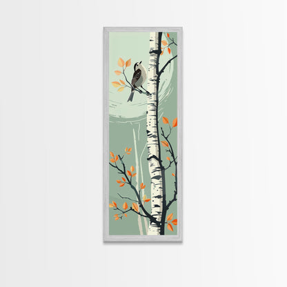 Skinny Art Bird On Birch Tree In Japanese Style Wood Block Print Autumn Tones On Framed Canvas Print, Tall Art Ukiyo-e