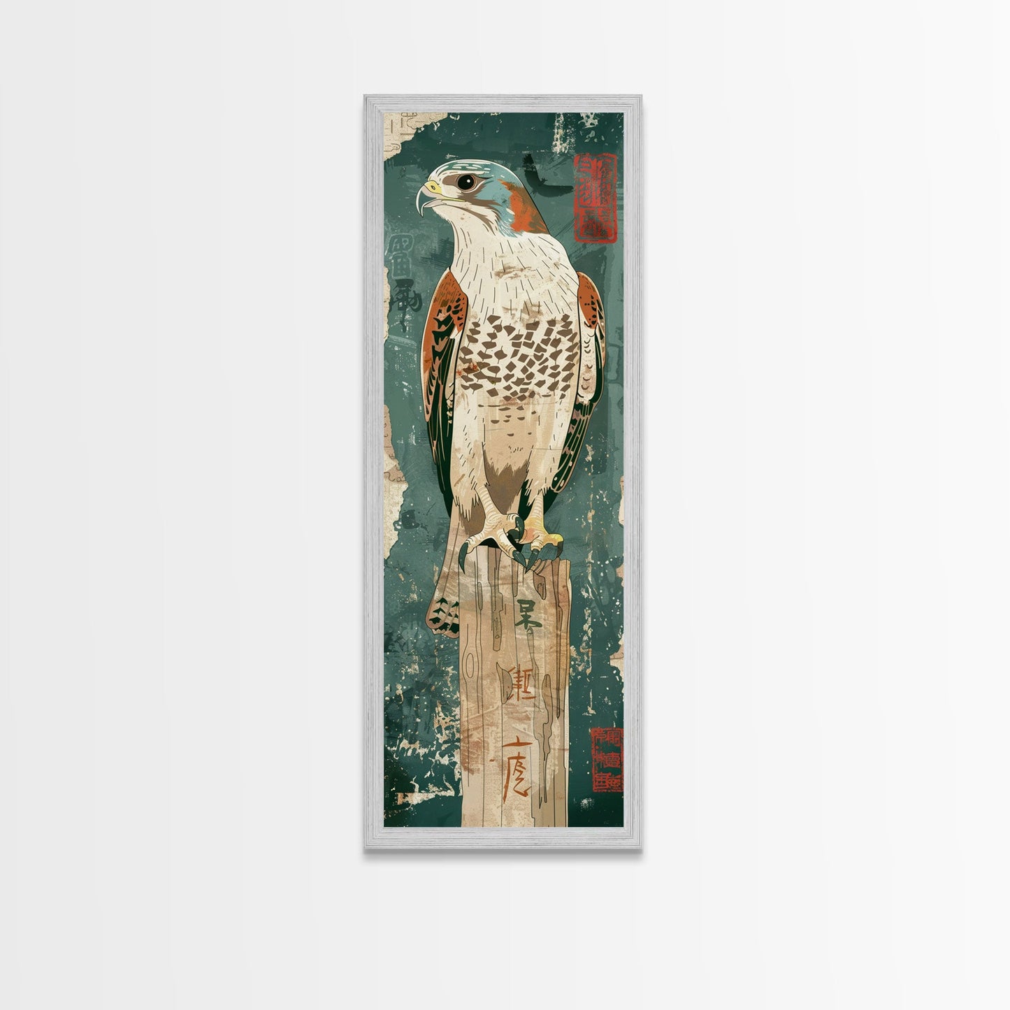 Majestic Hawk Perched On Weathered Stump Textured Background Skinny Art Tall Art Framed Canvas Print Japanese Style Art Ukiyo-e Art Wood Block Print
