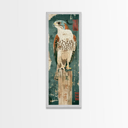 Majestic Hawk Perched On Weathered Stump Textured Background Skinny Art Tall Art Framed Canvas Print Japanese Style Art Ukiyo-e Art Wood Block Print