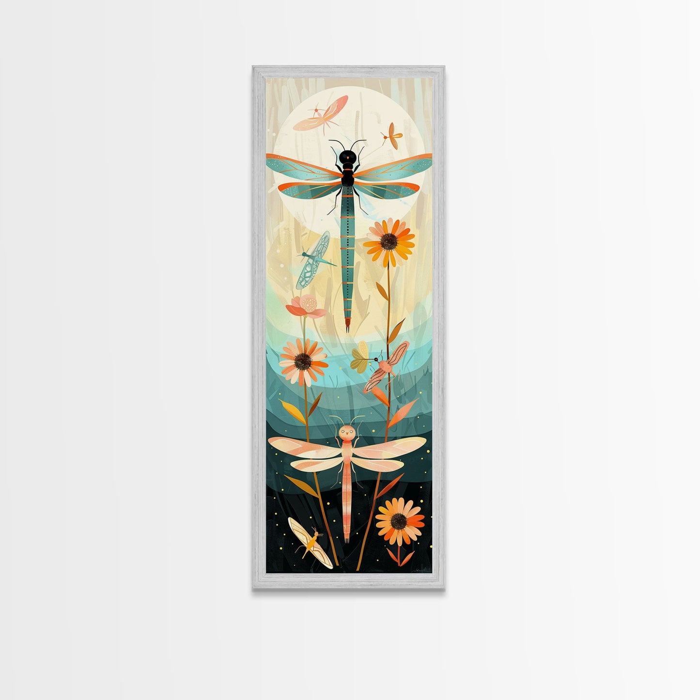 Dragonfly Gathering Night Glow Vibrant Colors Skinny Art Tall Art Framed Canvas Print Japanese Style Art Ukiyo-e Art Wood Block Print Insect Art