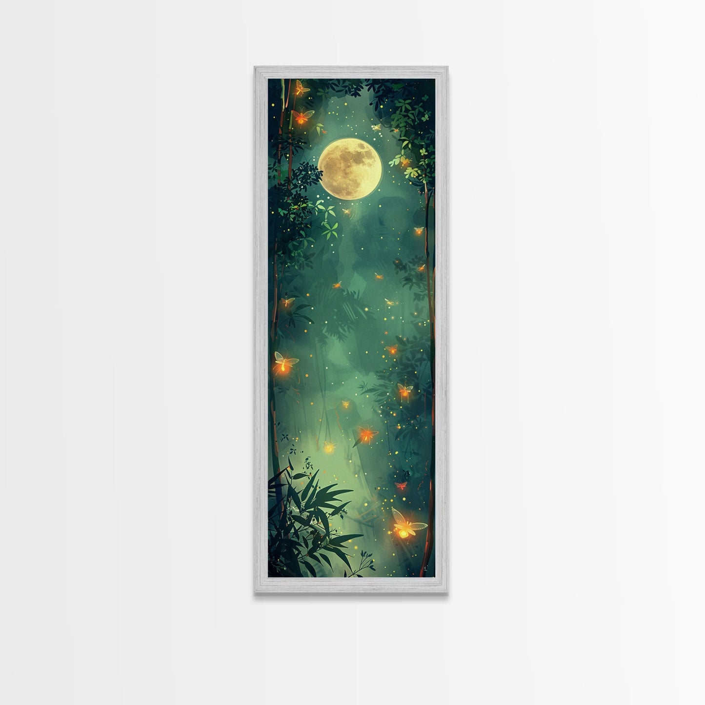 Enchanting Fireflies Illuminating Nighttime Forest Scene Under Full Moon Tall Framed Canvas Print Adding Magical Touch