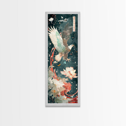 Majestic Eagle Japanese Art Skinny Wall Art Framed Canvas Print Soaring Above Lotus Flowers in Serene Water Scene