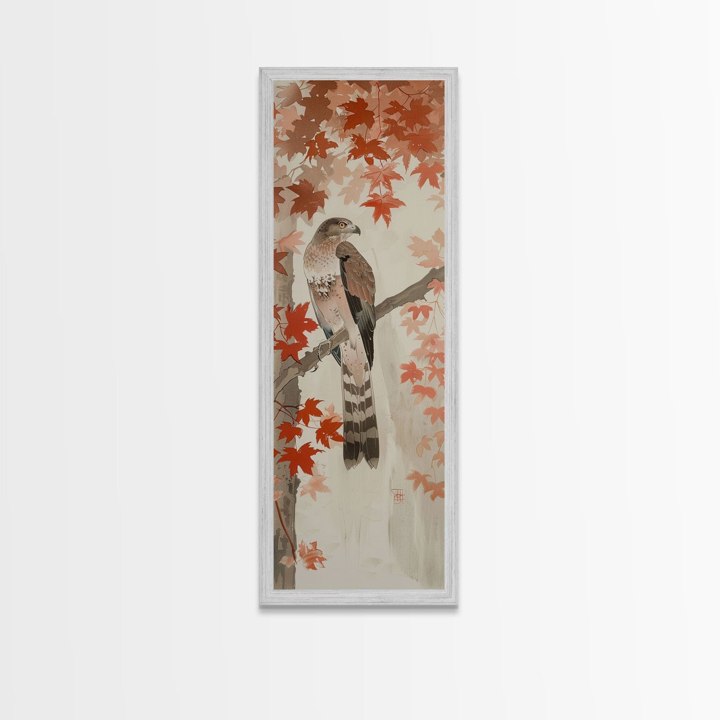 Majestic Hawk Perched Among Autumn Leaves, Framed Canvas Print In Skinny Tall Style, Japanese Style Art For Feng Shui Wall Art