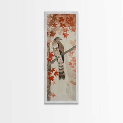 Majestic Hawk Perched Among Autumn Leaves, Framed Canvas Print In Skinny Tall Style, Japanese Style Art For Feng Shui Wall Art