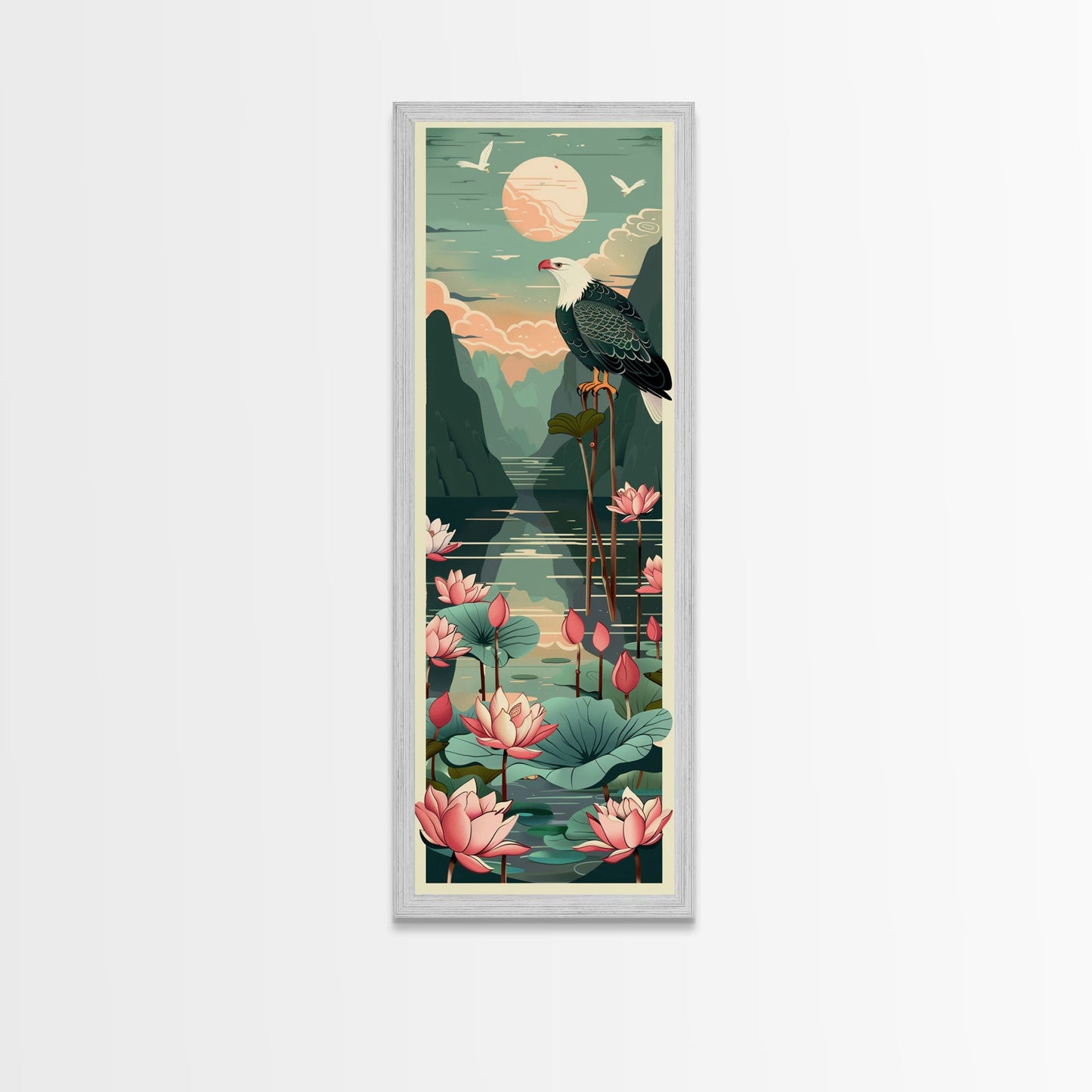 Majestic Eagle Over Lotus Pond Skinny Art Tall Art Japanese Ukiyo-e Inspired Nature Framed Canvas Print for Home and Office
