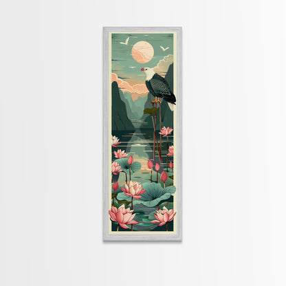 Majestic Eagle Over Lotus Pond Skinny Art Tall Art Japanese Ukiyo-e Inspired Nature Framed Canvas Print for Home and Office