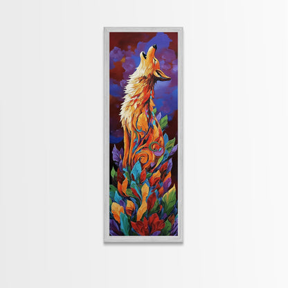 Colorful Howling Wolf Canvas Print rustic decor, long narrow wall art, wildlife painting, tall skinny art, moody art, animal wall art, whimsical art, southwest wall art, Joshua tree art